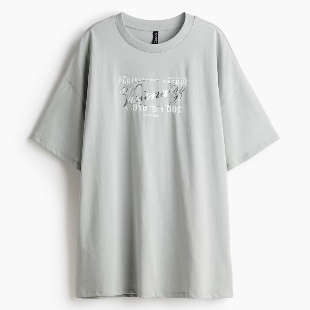 Divided by H&M Oversized Motif-detail T-shirt Light Turquoise Size L